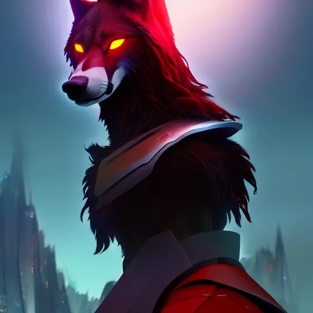 Image similar to portrait of a anthropomorphic black male wolf with long red hair wearing futuristic armor in a futuristic city | | concept art, 4 k, volumetric lighting, highly detailed, photorealistic, by cory loftis trending on artstation