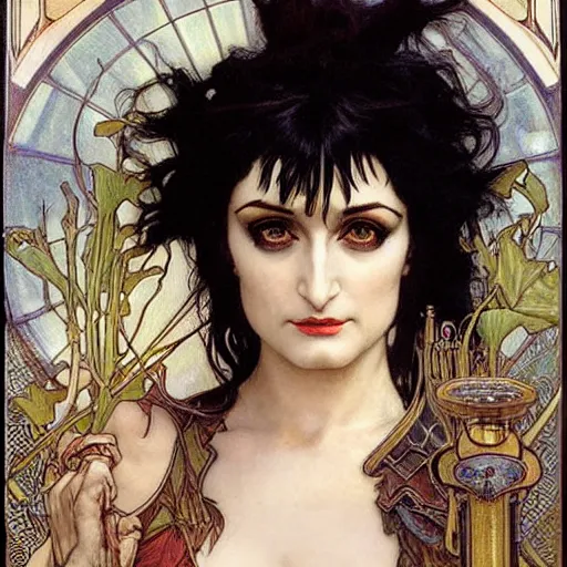 Prompt: realistic detailed face portrait of Siouxsie Sioux by Alphonse Mucha, Ayami Kojima, Amano, Charlie Bowater, Karol Bak, Greg Hildebrandt, Jean Delville, and Mark Brooks, Art Nouveau, Neo-Gothic, gothic, rich deep moody colors