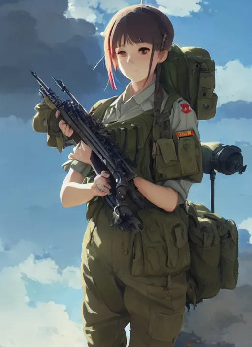Prompt: portrait of cute soldier girl, cloudy sky background lush landscape illustration concept art anime key visual trending pixiv fanbox by wlop and greg rutkowski and makoto shinkai and studio ghibli and kyoto animation soldier clothing military gear realistic anatomy mechanized modern warfare