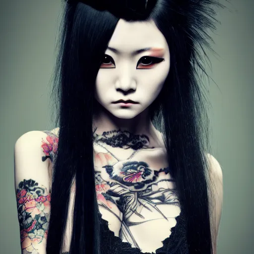 Image similar to japanese gothic model with maximalist hair style and kanji tattoos, dark colors, fashion model, portrait shot, depth of field, 8 k, hyper detailed, intricate, trending on artstation