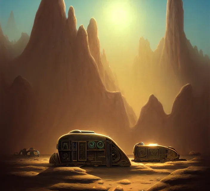 Image similar to subsurface scattering, a desert caravan rests at a lake oasis, the art of athas and dark sun, brom's dark sun art on a 7 0's style fantasy novel cover, digital painting by brom, amazingly detailed d & d art, concept art, intricate details, beautiful, volumetric lighting, cgsociety, artstation, square enix cinematic art