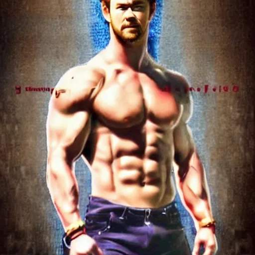 Prompt: still of chris hemsworth with a very muscular body type, anime art, anime style