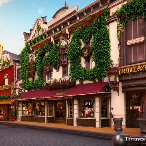 Image similar to charming mainstreet disneyland type building with ivy growing up it, octane render, hyperdetailed, photorealistic, natural light