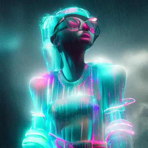 Image similar to cartoon portrait made out of rain, dancing in the clouds with splashes of neon colors, rendered in octane, unreal engine, highly detailed, beautiful