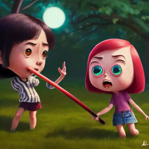 Prompt: an epic chibi comic book style portrait painting of aubrey plaza fighting pillie eilish, character design by mark ryden and pixar and hayao miyazaki, unreal 5, daz, hyperrealistic, octane render, cosplay, dynamic lighting, intricate detail, harvest fall vibrancy, cinematic