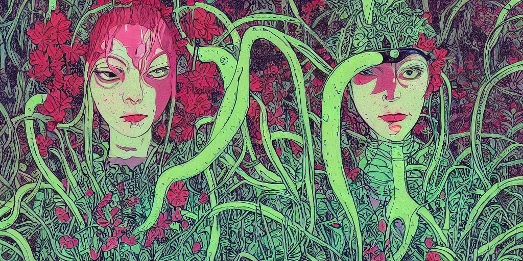 Prompt: risograph grainy drawing vintage sci - fi, antagonist girl, satoshi kon color palette, face covered with plants and flowers, wearing futuristic scaphander with lot of vires and tentacles, exotic plants around and on the background, parking lot, painting by moebius and satoshi kon and dirk dzimirsky close - up portrait