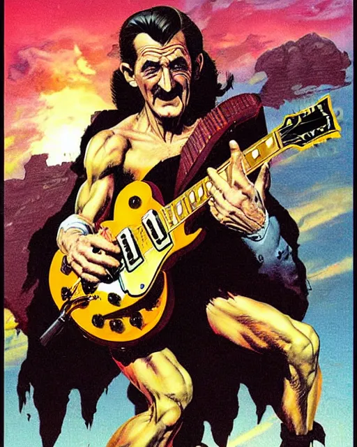 Image similar to barry chuckle ( shredding on a gibson les paul, art by glenn fabry and frank frazetta )