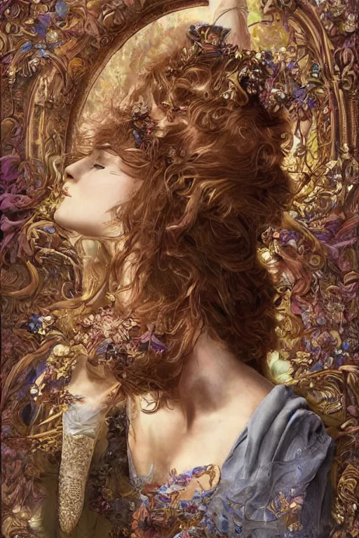 Image similar to An extremely beautiful pre-raphaelite ornate portrait of a very beautiful witch, ultradetailed, intricate, elegant, digital art painting, concept art, smooth, sharp focus, magazine art cover illustration, regal, award winning picture, extremely detailed masterpiece, sense of awe, featured on Artstation, Artgerm, ethereal bubbles, Aetherpunk, atmospheric lightning, Exquisite floral details, 8K detail post-processing