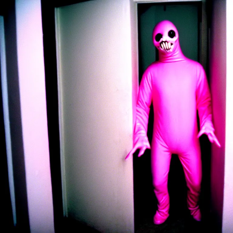 Prompt: a nightmare where a man in a pink morphsuit chases you down a dark hallway, horror, creepy, 3 5 mm, film shot, found footage, scary