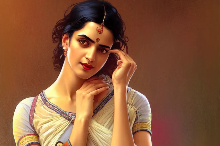 Image similar to sensual pale beautiful indian doctor in jeans, art deco portrait, elegant, intricate, digital painting, artstation, concept art, smooth, sharp focus, illustration, art by artgerm and greg rutkowski and alphonse mucha