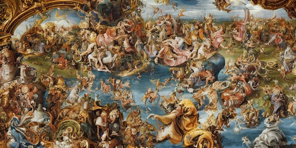 Image similar to beautiful!! ornate heavenly!! marble rococo megastructure in the style of heironymus bosch, colorful intricate masterpiece, hyper detailed, hd