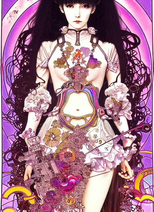 Image similar to artstation highly detailed terada katsuya manga poster of girl mechine, rainbow gradient reflection, ayami kojima, long hair, armor, dress, laces, ruffles, 8 k, maximalist, alphonse mucha