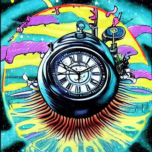 Image similar to misty deepfried hovering space sphere eel monster clock subcompact, by joe jusko and jackson pollock and georgia o'keefee, flat shading, detailed painting, seapunk