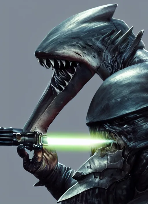 Image similar to side portrait of a humanoid shark in armor holding a lightsaber, 3 d render, hyper - realistic, detailed, concept art, ruan jia, wlop, scifi, fantasy, d & d, magic the gathering