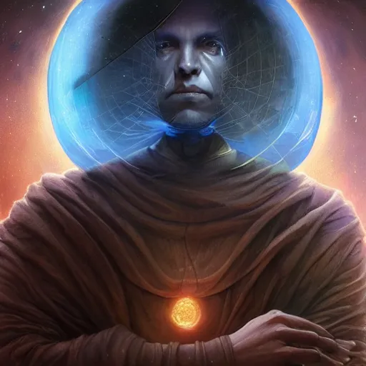 Image similar to the creator of worlds wearing a cloak and holding a holographic planet projection in his hand, detailed, sci - fi, digital painting, artstation, sharp focus, illustration, ominous, artgerm, tomasz alen kopera, peter mohrbacher, donato giancola, joseph christian leyendecker, wlop, frank frazetta