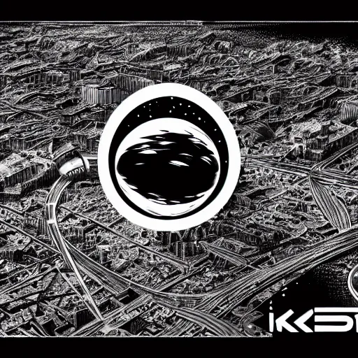 Image similar to tattoo png logo of black hole rising above city, city destroyed by shockwave, black hole with accretion disс, digital art, vector logo, sticker, black and white, art by stefan koidl, brock hofer, marc simonetti