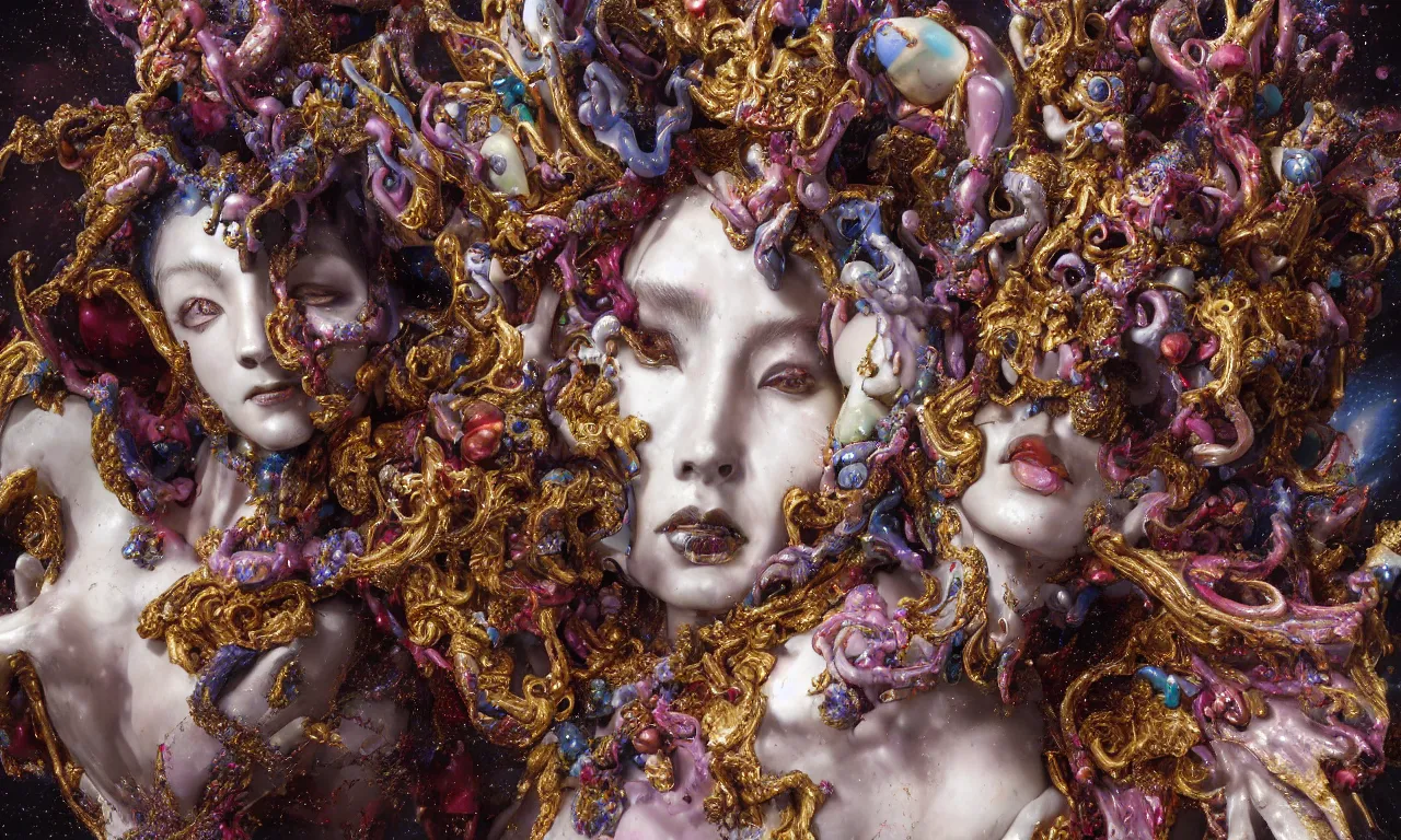 Image similar to Cinestill of A heartbreaking realistic 8k Bernini Sculpture of a stunning intricate cracked multicolored milky cosmic marble Evangelion Fallen Angel Devil Queen adorned in sentient mycelium mystical jewelry and ancient Empress crown and misty xparticles. by Yoshitaka Amano, Daytoner, Greg Tocchini, Scattered golden flakes, Hyperrealism. Subsurface scattering. Octane Render. Weirdcore, perfect face