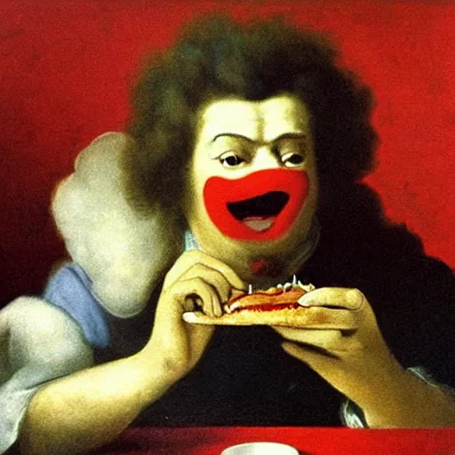 Image similar to ronald mcdonald eating a hamburger, painting by fransisco goya