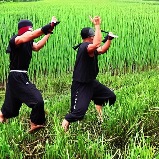 Prompt: ninja training in a rice fields fighting with a giant monster lobster