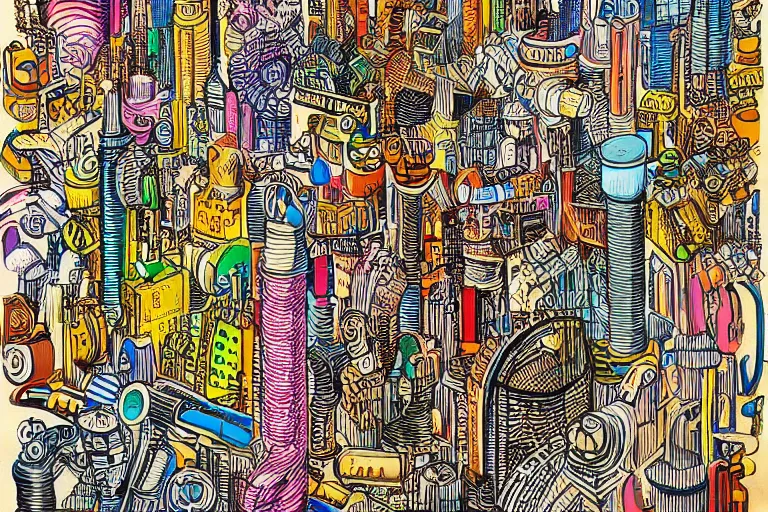 Image similar to an elaborate penned child illustration of a colorful intricate connected city of tubes and pipes, by martin handford and by jan van haasteren