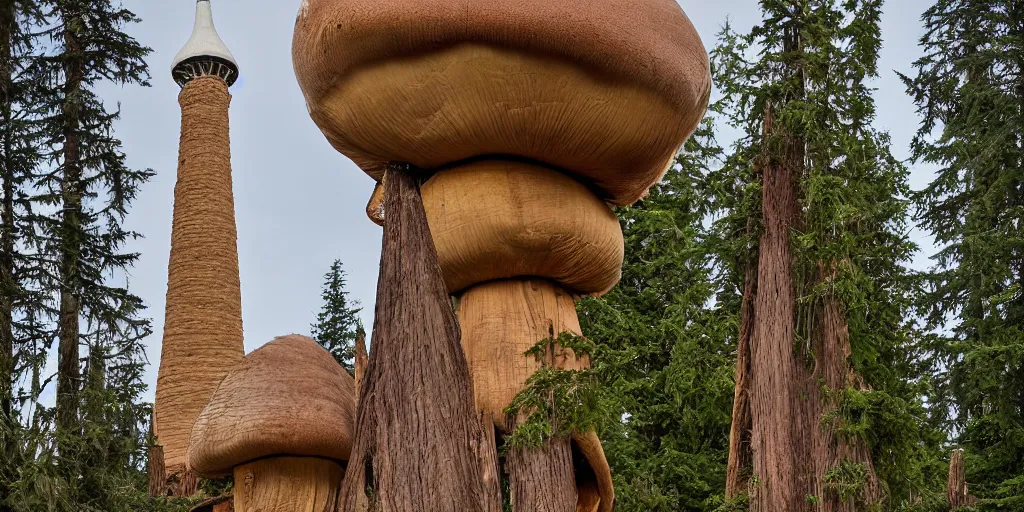 Image similar to tall house tower made of an enormous mushroom, washington state, traditional architecture