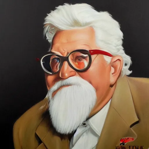 Prompt: an ultra - realistic portrait painting of colonel sanders in the style of frank frazetta. 4 k. ultra - realistic. highly detailed. dark fantasy. epic lighting.