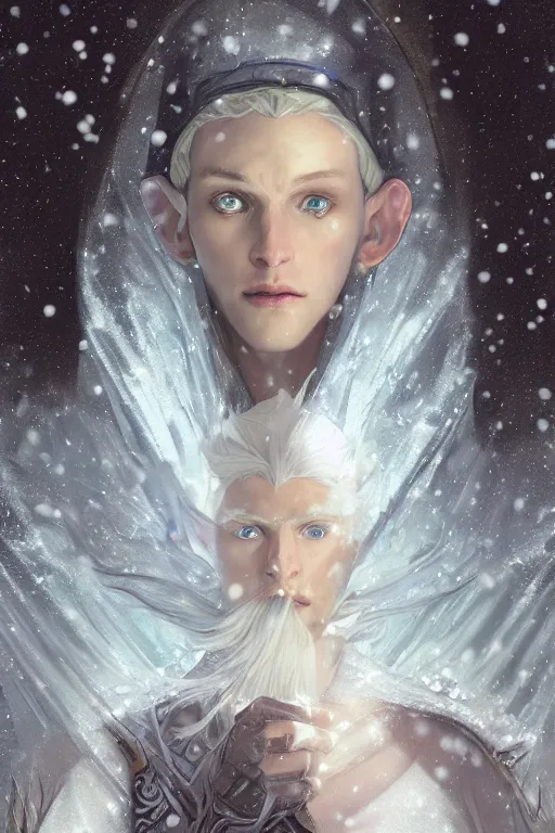 Image similar to portrait of a handsome pointy - eared male snow elf in a turquoise cape and silver ornate armour, albino skin, androgynous face, mid - shot, moonlight snowing, ethereal opalescent mist, winter vibes, perfect face, elegant, very coherent symmetrical artwork, by greg rutkowski, alphonse mucha, charlie bowater, trending on artstation