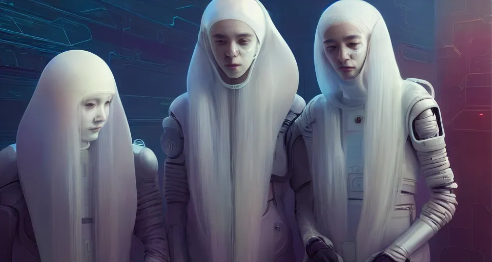 Image similar to portrait of yael shelbia and kang seul - gi, venus squid astronaut, burka, white hair, intricate design details. cyberpunk symmetrical facial, by ruan jia and beeple. smooth gradients, deep space.