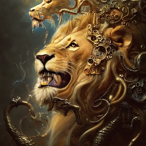 Image similar to a beautiful detailed 3 d matte portrait of a alchemist lion, by ellen jewett, by tomasz alen kopera, by justin gerard, ominous, magical realism, texture, intricate, skull, skeleton, gold coins, money, whirling smoke, alchemist bottles, radiant colors, fantasy, volumetric lighting, high details