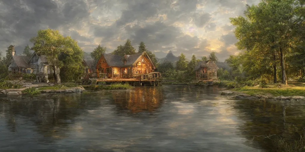 Prompt: an oil painting of a lakehouse, masterpiece, highly detailed, high quality, 4 k, anatomically correct, hyperrealistic, concept art, octane render, unreal engine 5, trending on artstation, trending on deviantart, matte, historical painting, fantasy style, path traced, high coherence, soft lighting, digital painting, mythical