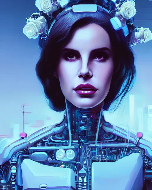 Image similar to portrait of lana del rey as a cyberpunk cyborg. roses, sci - fi, missing panels, intricate abstract, upper body, intricate artwork, by tooth wu, wlop, beeple, dan mumford. concept art, 8 k octane render, deviantart, greg rutkowski, cinematic, key art, hyperrealism, iridescent accents