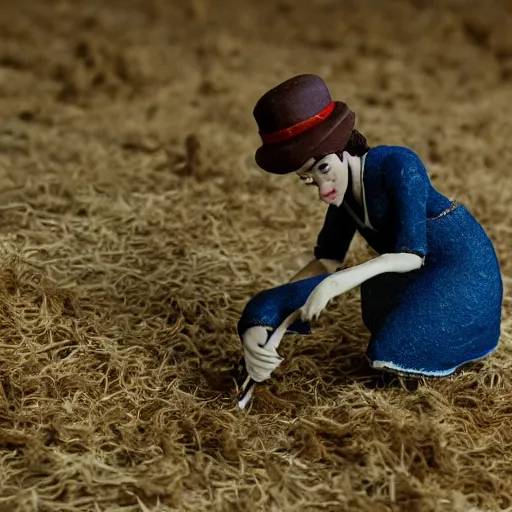 Image similar to a cinematic film still of a claymation stop motion film starring anne hathaway as female farmer, shallow depth of field, 8 0 mm, f 1. 8