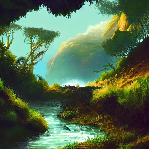 Image similar to painting of a lush natural scene on an alien planet trending on artstation. beautiful landscape. weird vegetation. cliffs and water.