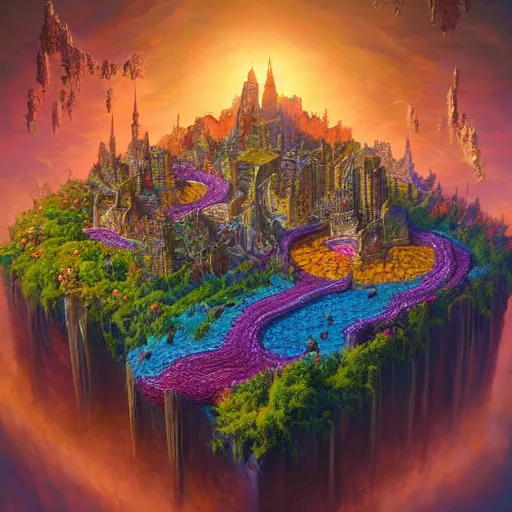 Prompt: minature tabletop city made of flower petals, in the style of tomasz alen kopera and fenghua zhong and peter mohrbacher, mystical colors, rim light, beautiful lighting, 8 k, stunning scene, raytracing, octane, trending on artstation