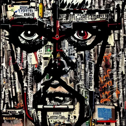 Image similar to Graphic Illustration of a man made out of Guns, Cyberpunk, Portrait, graffiti, by Ralph Steadman, Hunter S Thompson