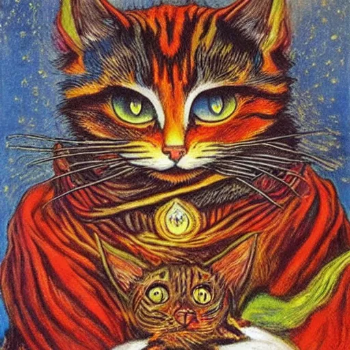 Image similar to a fire mage cat, louis wain, fantasy art