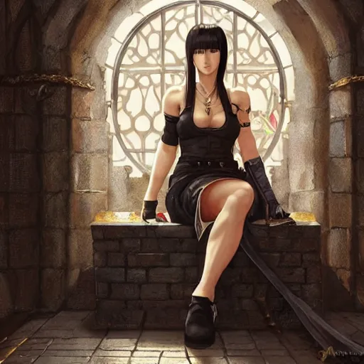 Image similar to a painting of tifa from final fantasy 7, in kings landing from game of thrones, sitting majestic on the iron throne, by greg rutkowski, artgerm, wlop, ruan jia, krenz cushart, alphonse mucha, marble, gold, unreal engine 5