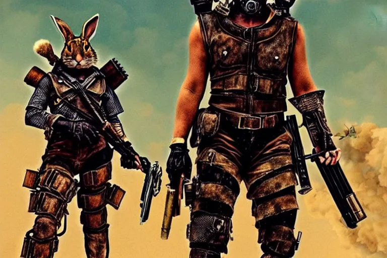 Image similar to a good ol'rabbit fursona ( from the furry fandom ), heavily armed and armored facing down armageddon in a dark and gritty version from the makers of mad max : fury road. witness me.