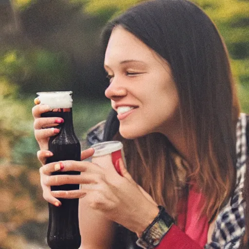 Image similar to a woman holding a bottle of beer, photorealistic