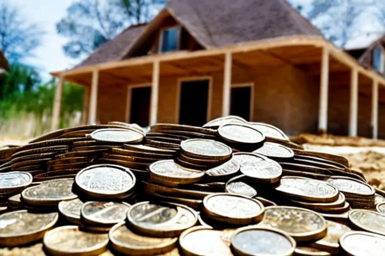 Prompt: a house, under construction, made of money, with piles of coins around it