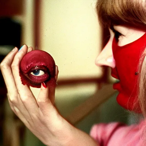 Image similar to woman with prosthetic nose enters an eyeball cult, 1973 live-action children's tv show, color