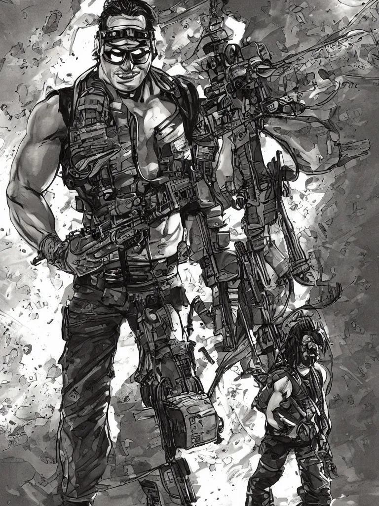 Image similar to muscular man, black vest with no shirt underneath, goggles around his neck, cargo pants, ammo belt, holding a blaster, long black hair in a ponytail, five o' clock shadow, comic book art, full body shot