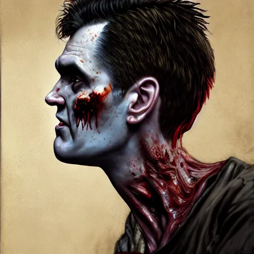 Image similar to portrait of a slim of morrissey as a zombie with a quiff, 7 days to die zombie, fine art, award winning, intricate, elegant, sharp focus, cinematic lighting, rimlight, digital painting, 8 k concept art, art by z. w. gu, art by brom, art by michael hussar, 8 k