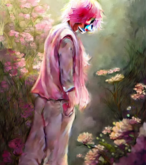 Prompt: pink haired bts jimin, muted colors, colorful flowers, sunlight filtering through skin, by alan lee, wlop, illustrated by starember, fantasy art by craig mullins cfg _ scale 9