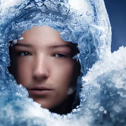 Prompt: futuristic female soldier eyes closed partly submerged in highly viscous clear fluid, frost particles, ice needles, cold blue light, complex hyperdetailed technical suit. white hair flowing. reflection. rays and dispersion of light. volumetric light. 5 0 mm, f / 3 2. noise film photo. ultra realistic, wide angle.