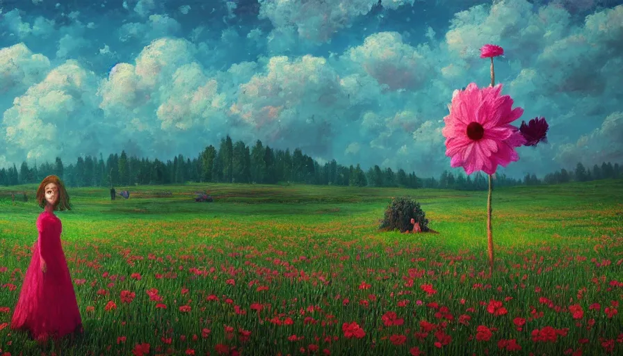 Image similar to girl with a giant flower as a face, surreal photography, dream, standing in flower field, hills, big trees, sunrise dramatic light, impressionist painting, colorful clouds, digital painting, pointillism, artstation, simon stalenhag, flower face