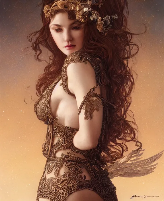 Image similar to the moon goddess, intricate and detailed lace set, suspenders, honey birdette, realistic renaissance portrait, highly detailed, digital painting, artstation, concept art, smooth, sharp focus, cinematic lighting, art by john collier, artgerm and greg rutkowski and alphonse mucha and jacques louis david