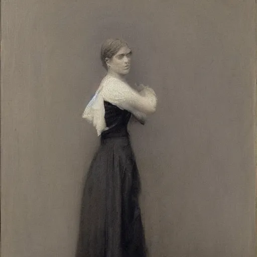 Image similar to portrait of a young action heroine, white dress, by alfred stevens in charcoal