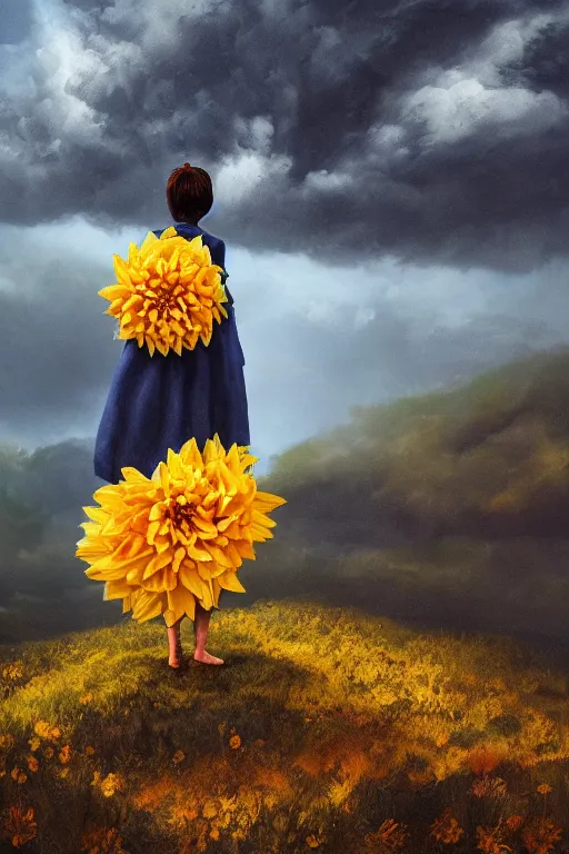 Image similar to closeup girl with huge yellow dahlia flower face, intricate, standing on mountain, surreal photography, blue storm clouds, dramatic light, impressionist painting, digital painting, artstation, simon stalenhag