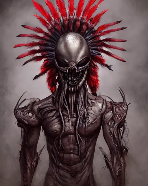 Image similar to xenomorph - human pyromancer ghost - spirit of the grim - warpaint wears the scarlet skull armor and native blood headdress feathers, midnight fog - mist!, dark oil painting colors, realism, cinematic lighting, various refining methods, micro macro autofocus, ultra definition, award winning photo, photograph by ghostwave - gammell - giger - shadowlord